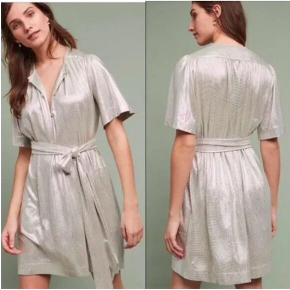 Sabina Musayev Gold Metallic Shimmer Foil O/S Belted Button-up Dress, M, NWOT - Picture 2 of 12